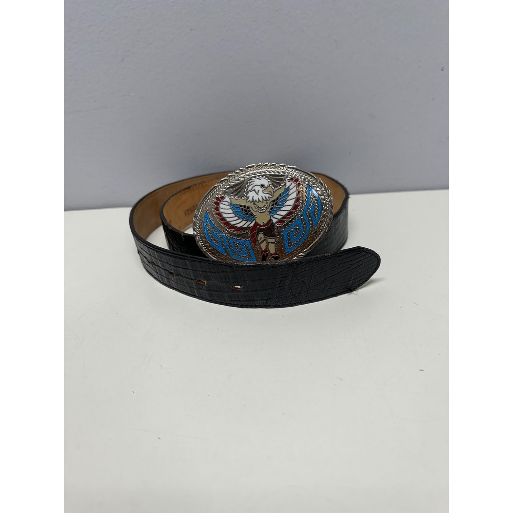 Justin Western Black Lizard Embossed Belt with Enameled Eagle Thunderbird Buckle